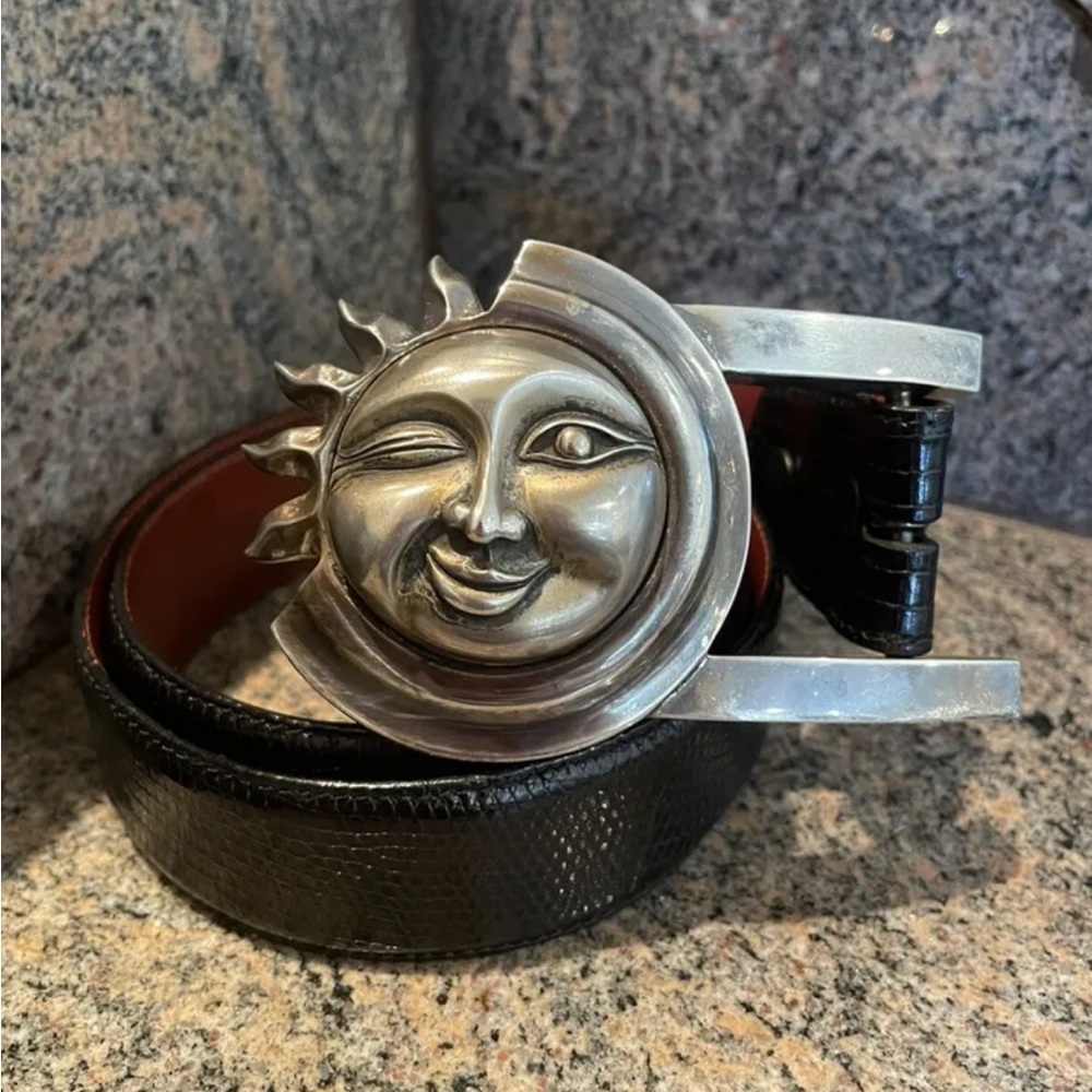 HUGE!! Kieselstein Sterling Celestial Sun Buckle And Black Lizard Belt Size 2